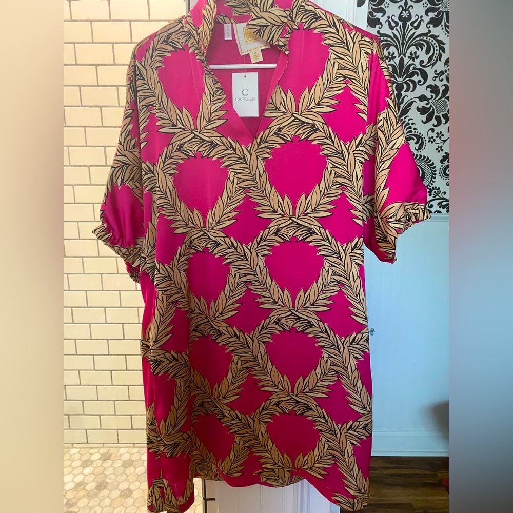 Emily McCarthy Pink Nude leaf pattern dress